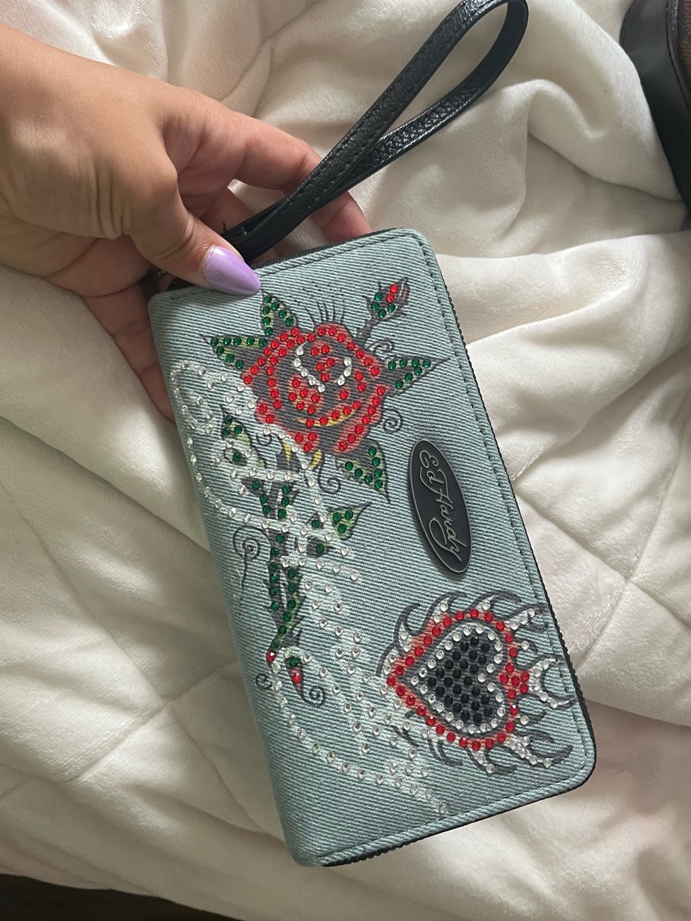 Ed Hardy Light Blue Denim Wristlet with Red & Black Embellishments